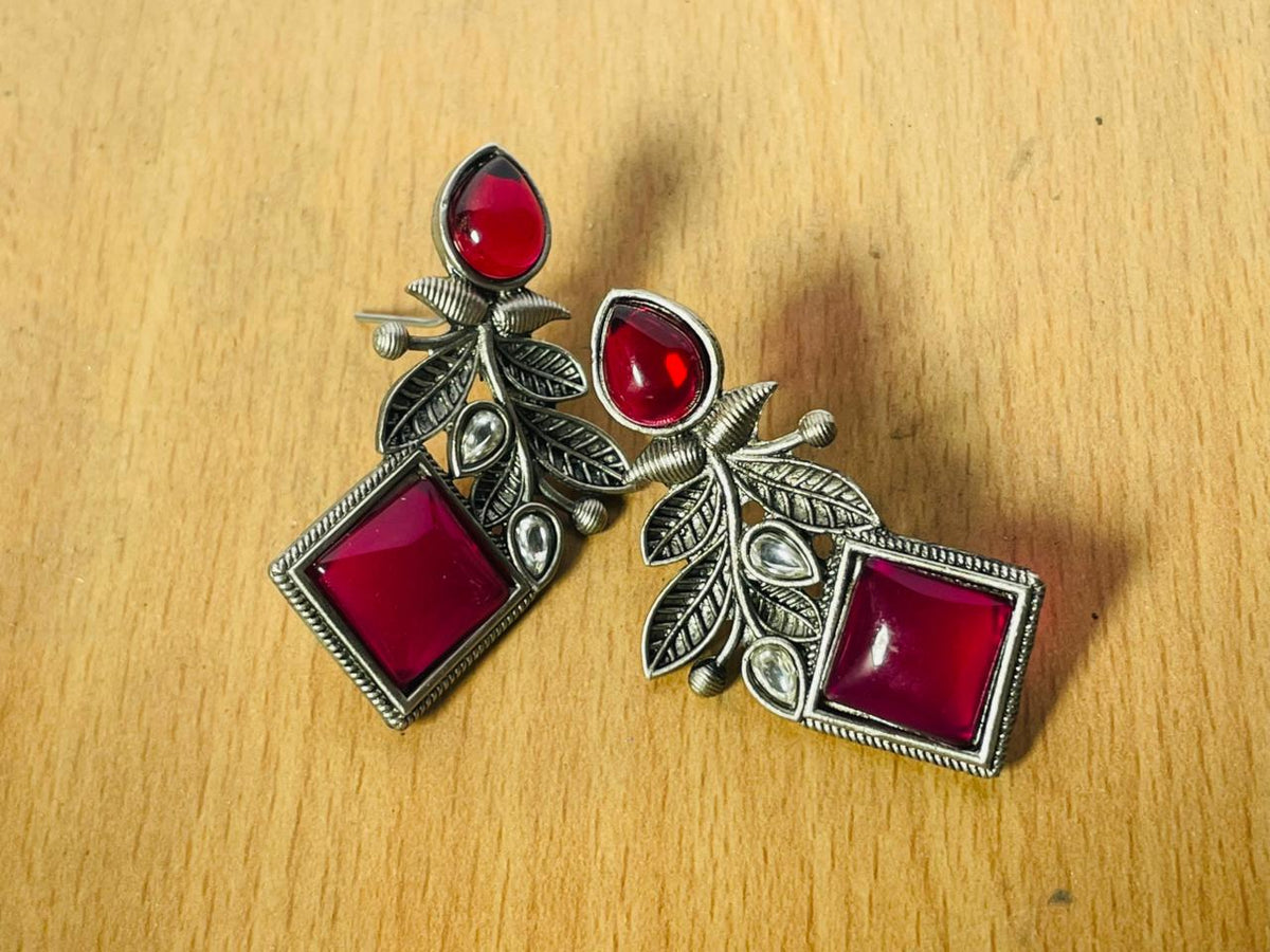 Kaave Oxidized Silver Ruby Red Square Drop Earrings with Leaf Motif