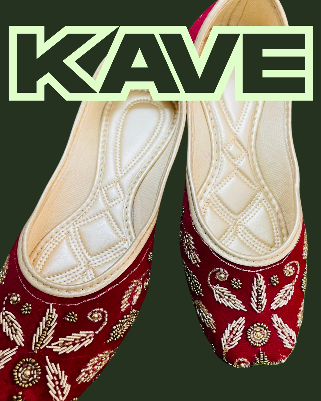 KAVE Classic Embroidered Velvet Jutti – Crimson Red & Gold