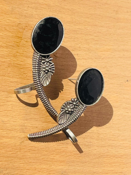 Handcrafted Oxidised Silver black  Stone Adjustable Ring