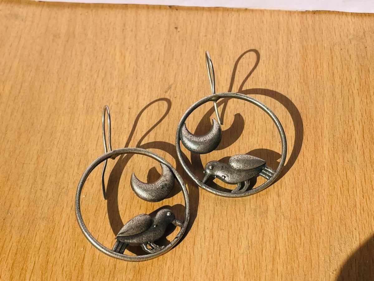 Handcrafted Oxidised Silver Bird & Crescent Moon Hoop Earrings