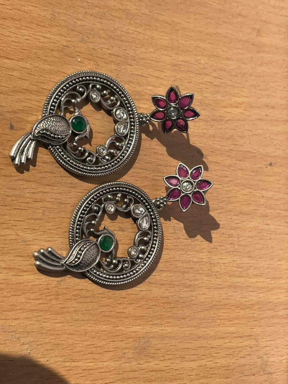 Handcrafted Oxidised Silver Bird & Floral Stone Statement Earrings