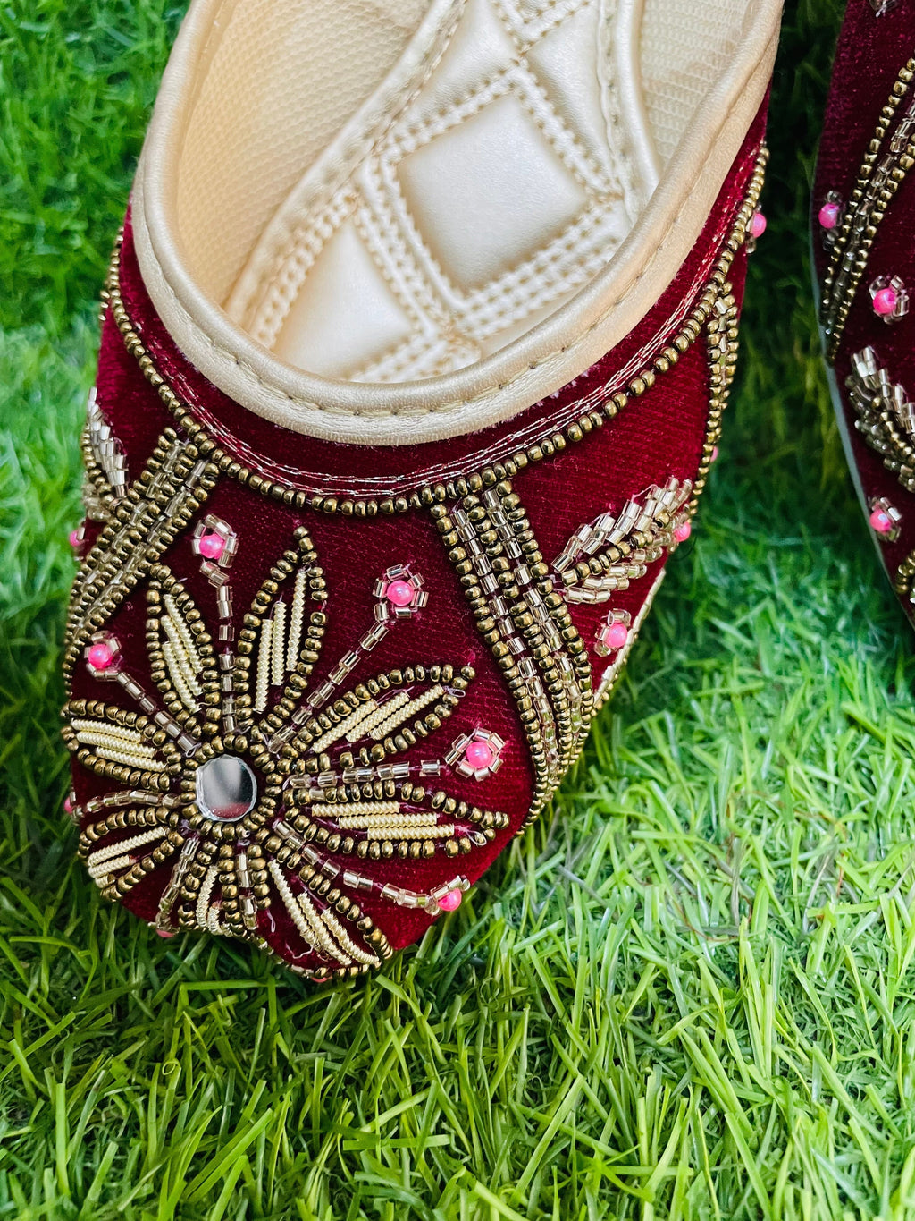 KAVE Royal Bloom Embroidered Velvet Jutti – Maroon, Gold & Pink