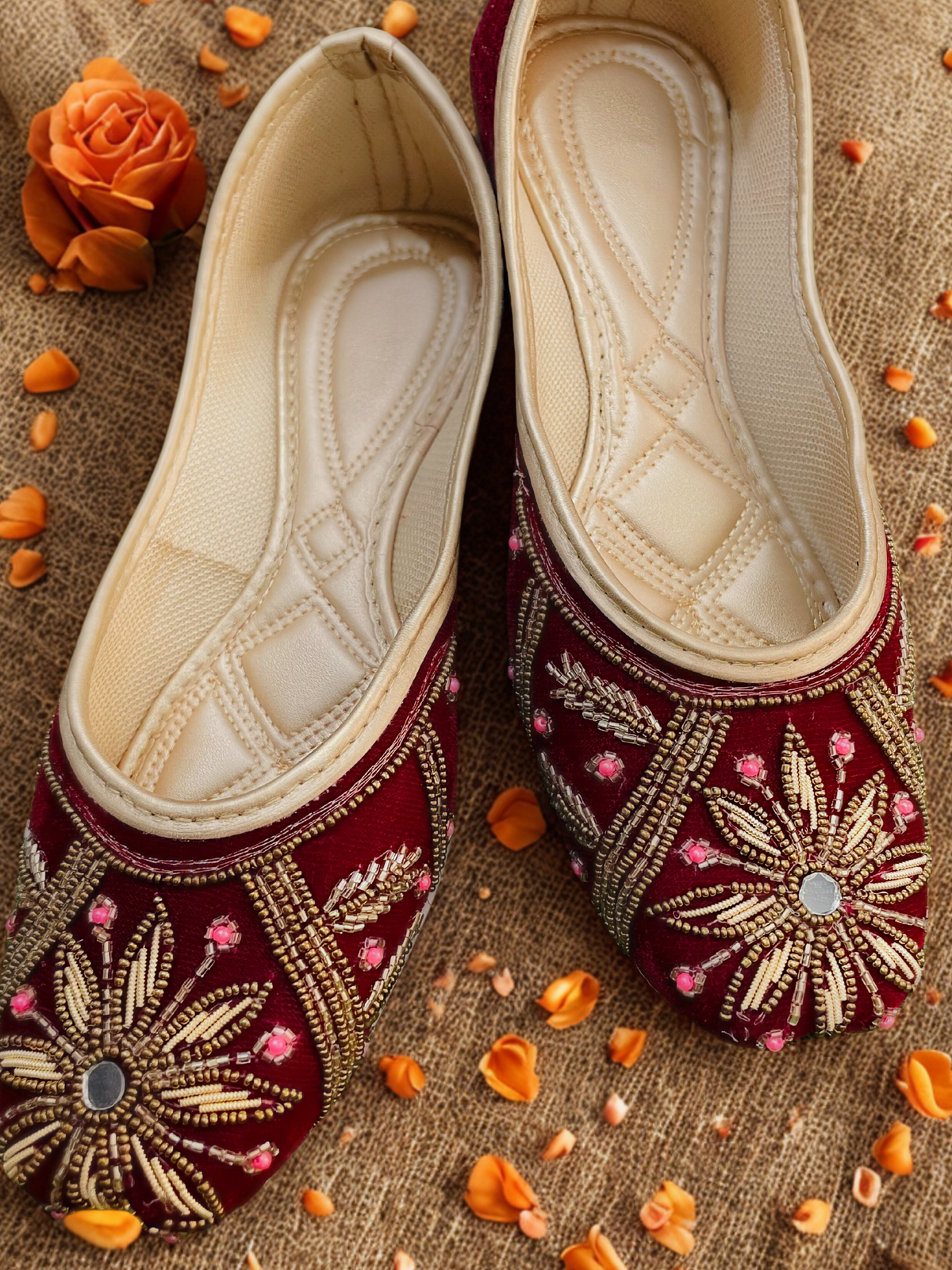 KAVE Royal Bloom Embroidered Velvet Jutti – Maroon, Gold & Pink