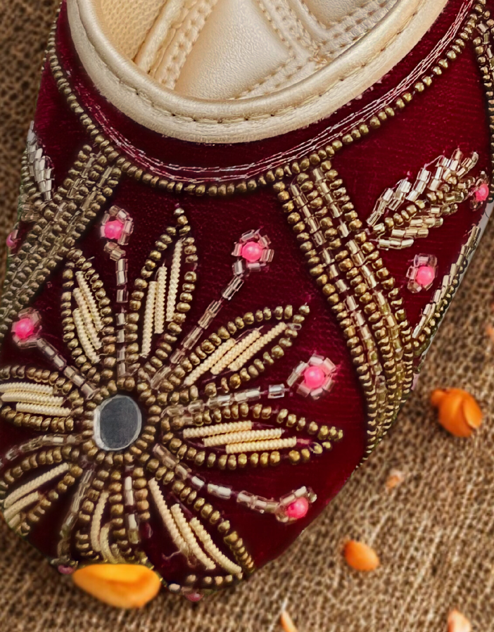 KAVE Royal Bloom Embroidered Velvet Jutti – Maroon, Gold & Pink