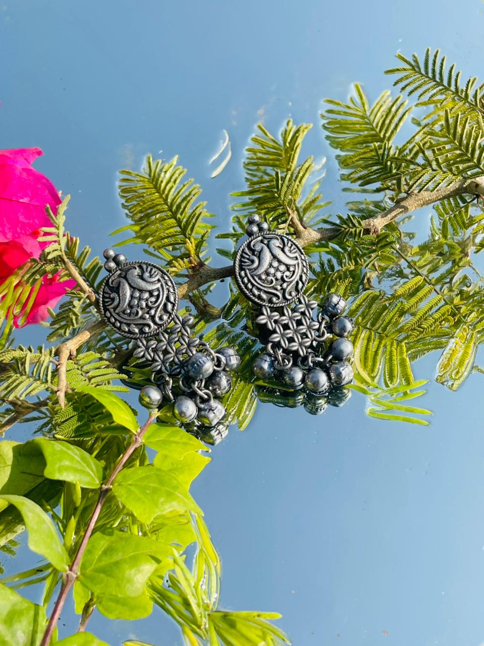 Handcrafted Oxidised Silver Coin Jhumka Earrings with Ghungroo