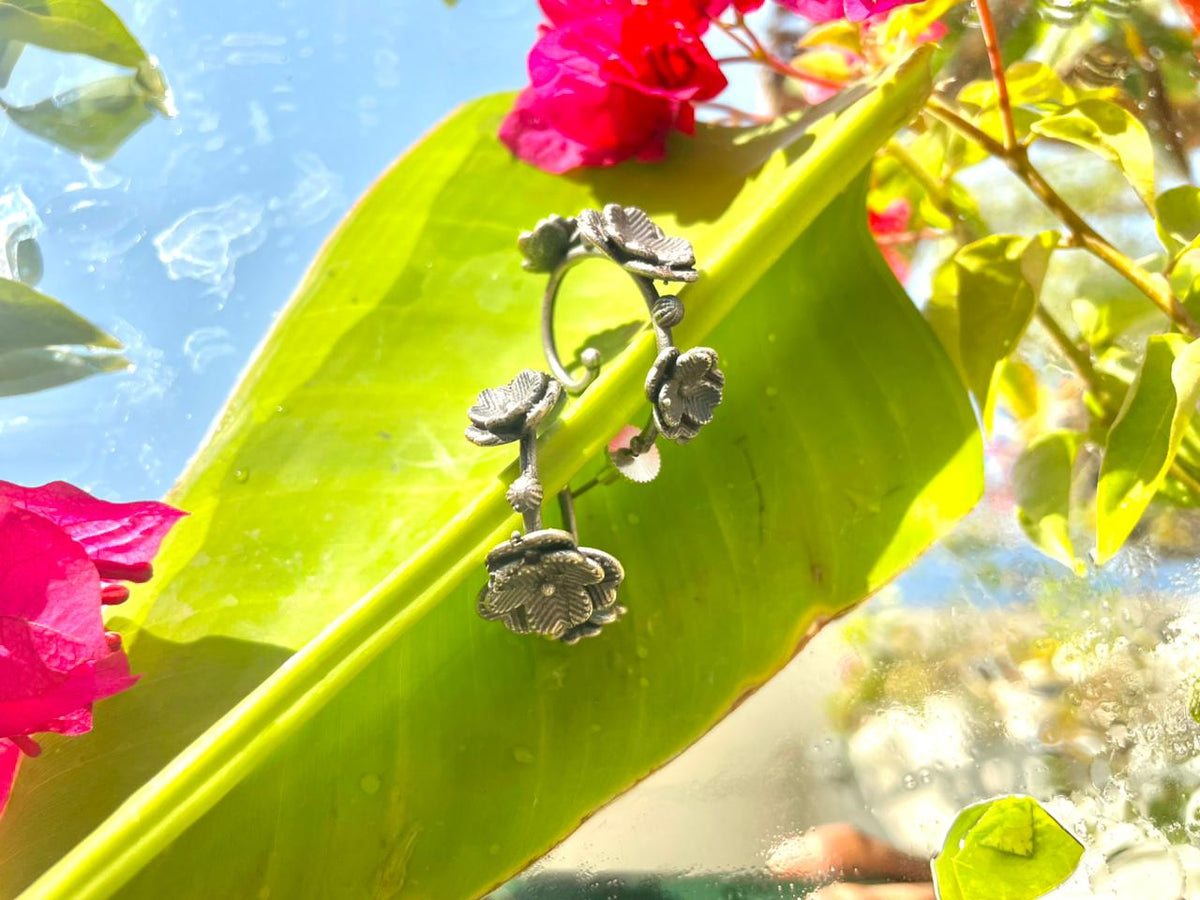 Handcrafted Oxidised Silver Floral Open Hoop Earrings
