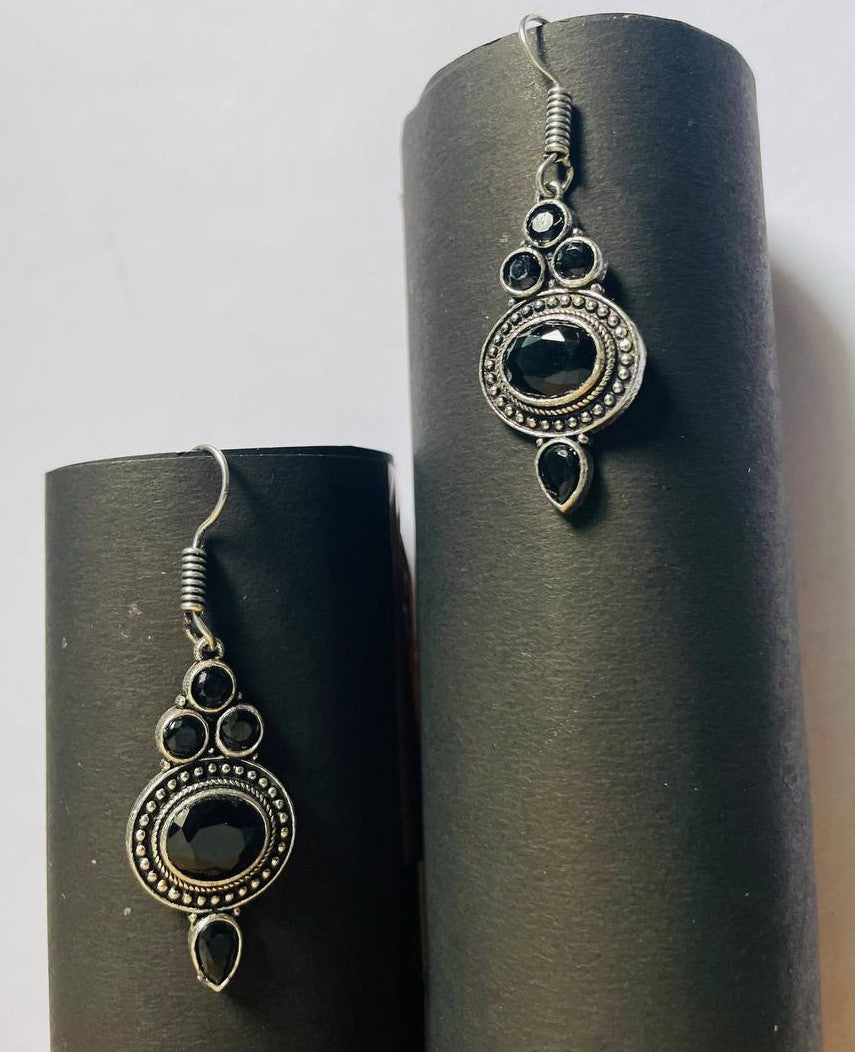 Elegant Oxidized Silver Drop Earrings with Rose Quartz