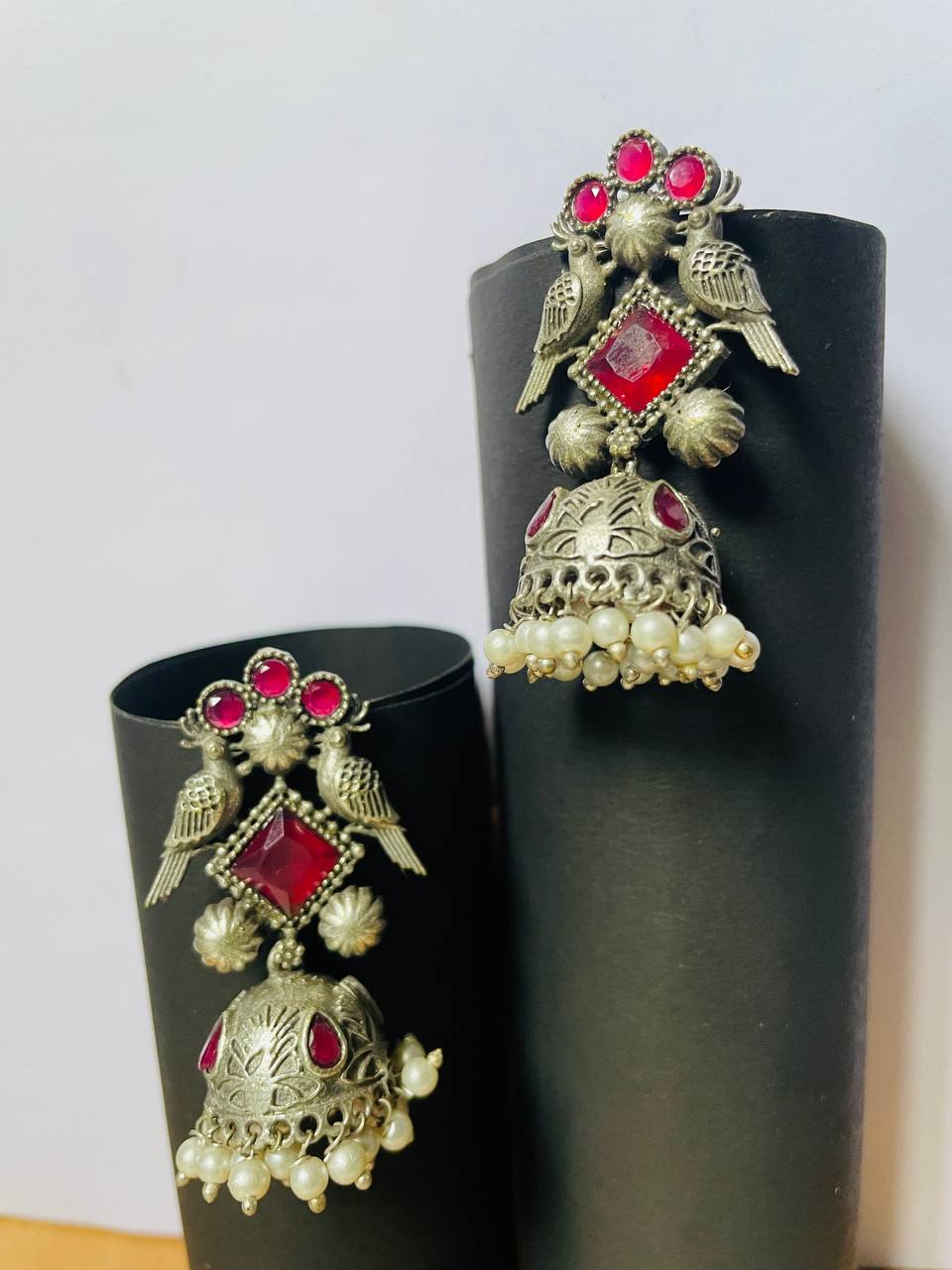 Elegant Oxidized Silver Drop Earrings with red stones